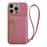 For iPhone 14 Pro Case Card Slots Kickstand PU Leather Back Cover with Zipper Pocket, Wrist Strap - Pink - 1