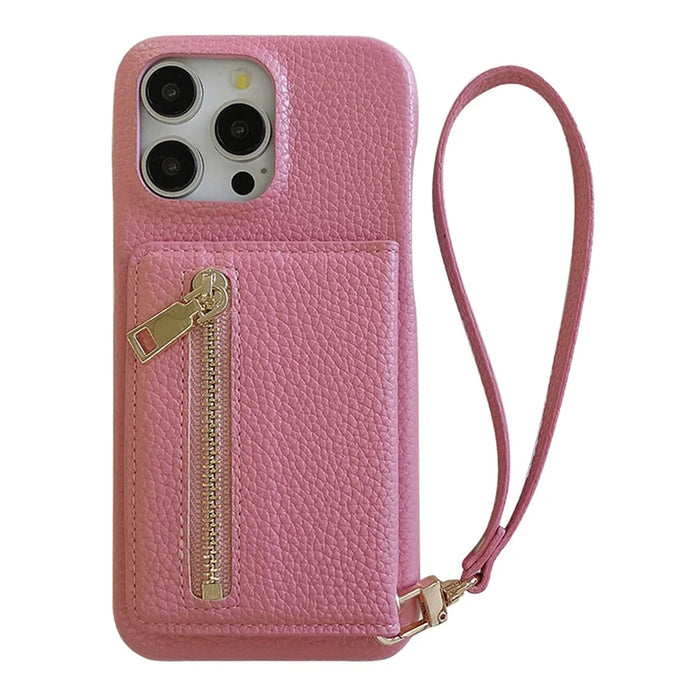 For iPhone 14 Pro Case Card Slots Kickstand PU Leather Back Cover with Zipper Pocket, Wrist Strap - Pink - 1