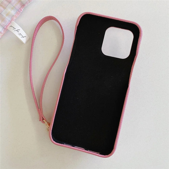 For iPhone 14 Pro Case Card Slots Kickstand PU Leather Back Cover with Zipper Pocket, Wrist Strap - Pink - 2