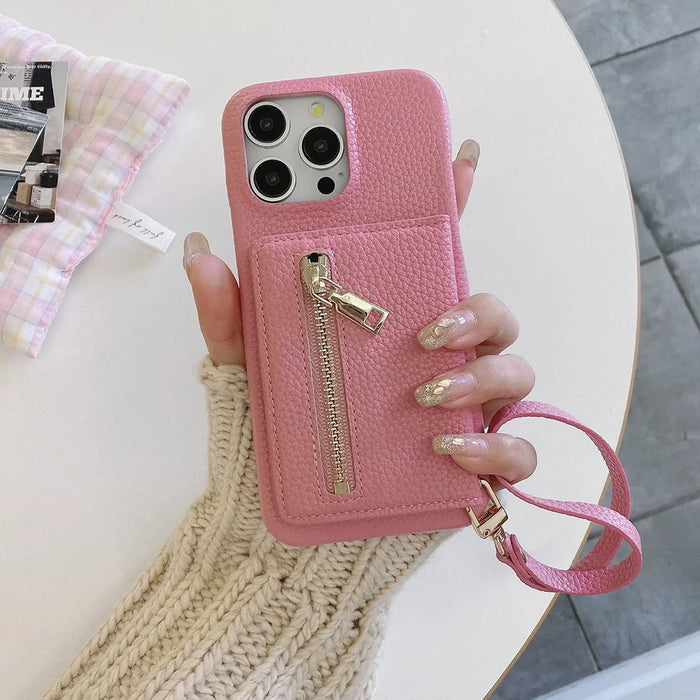 For iPhone 14 Pro Case Card Slots Kickstand PU Leather Back Cover with Zipper Pocket, Wrist Strap - Pink - 3