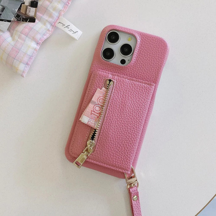 For iPhone 14 Pro Case Card Slots Kickstand PU Leather Back Cover with Zipper Pocket, Wrist Strap - Pink - 4