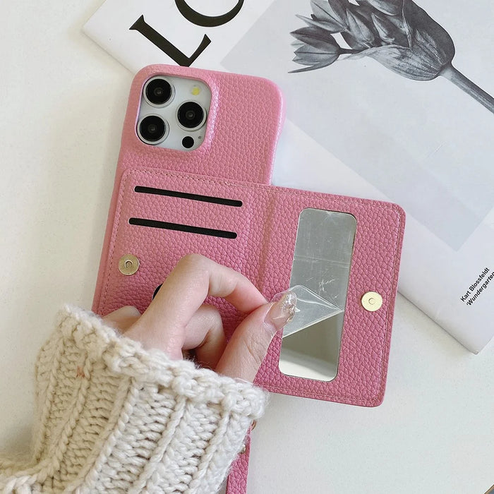 For iPhone 14 Pro Case Card Slots Kickstand PU Leather Back Cover with Zipper Pocket, Wrist Strap - Pink - 5