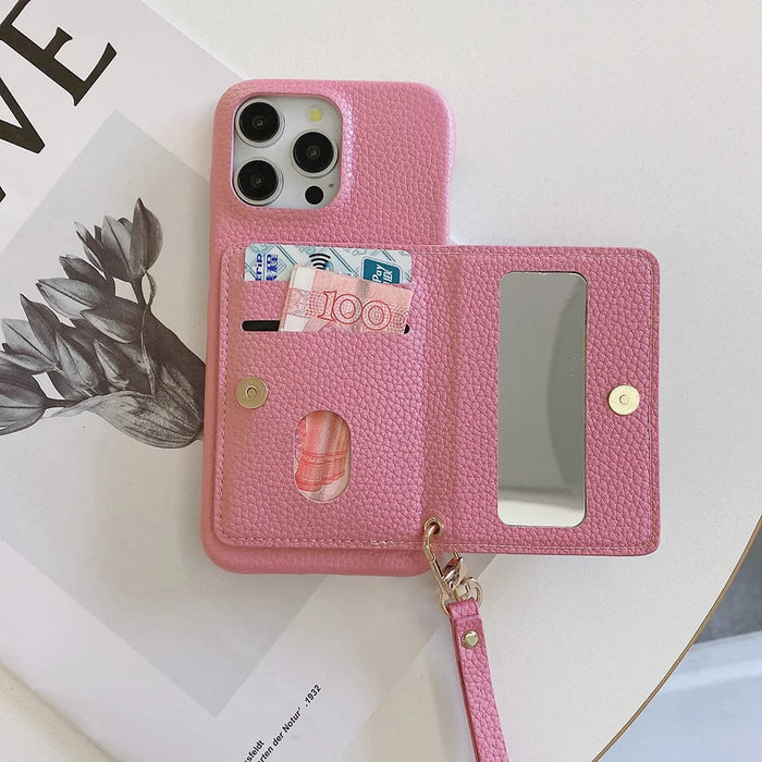 For iPhone 14 Pro Case Card Slots Kickstand PU Leather Back Cover with Zipper Pocket, Wrist Strap - Pink - 6