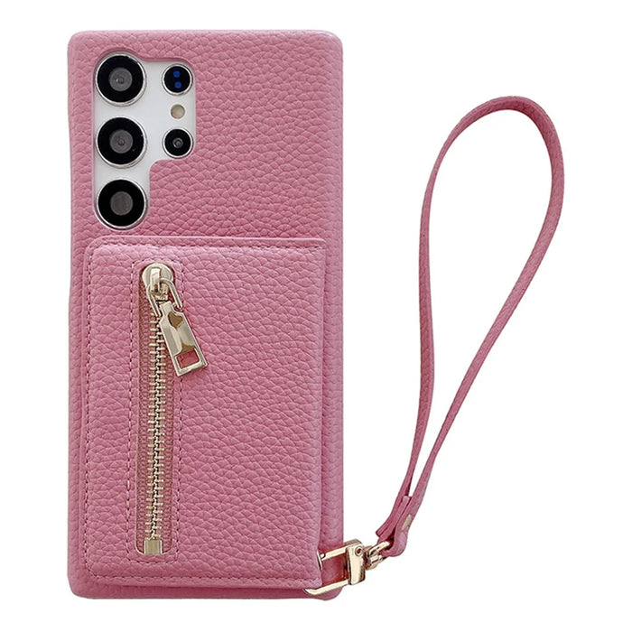 For Samsung Galaxy S25 Ultra Case Card Slots Kickstand PU Leather Back Cover with Zipper Pocket, Wrist Strap - Pink - 1