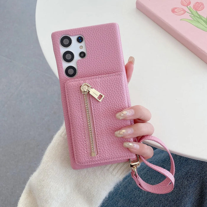 For Samsung Galaxy S25 Ultra Case Card Slots Kickstand PU Leather Back Cover with Zipper Pocket, Wrist Strap - Pink - 3