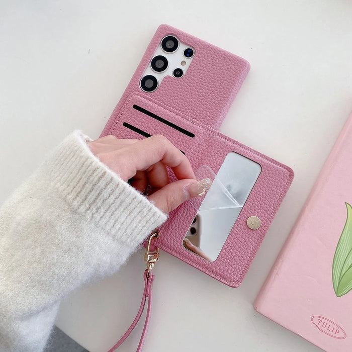For Samsung Galaxy S25 Ultra Case Card Slots Kickstand PU Leather Back Cover with Zipper Pocket, Wrist Strap - Pink - 4