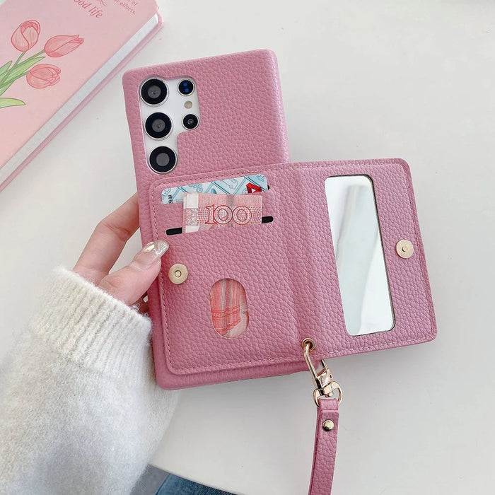 For Samsung Galaxy S25 Ultra Case Card Slots Kickstand PU Leather Back Cover with Zipper Pocket, Wrist Strap - Pink - 5