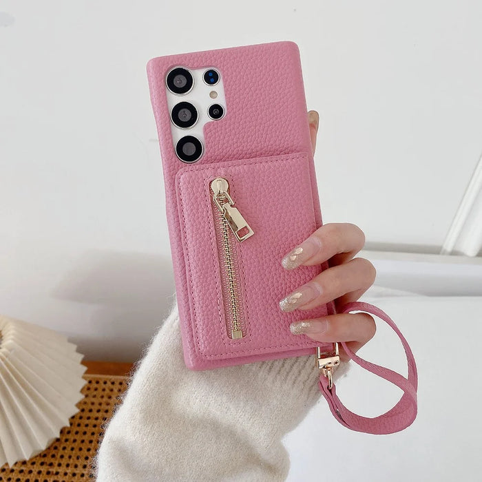 For Samsung Galaxy S25 Ultra Case Card Slots Kickstand PU Leather Back Cover with Zipper Pocket, Wrist Strap - Pink - 6