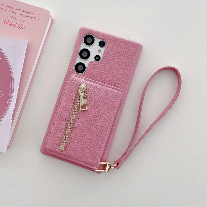 For Samsung Galaxy S25 Ultra Case Card Slots Kickstand PU Leather Back Cover with Zipper Pocket, Wrist Strap - Pink - 7