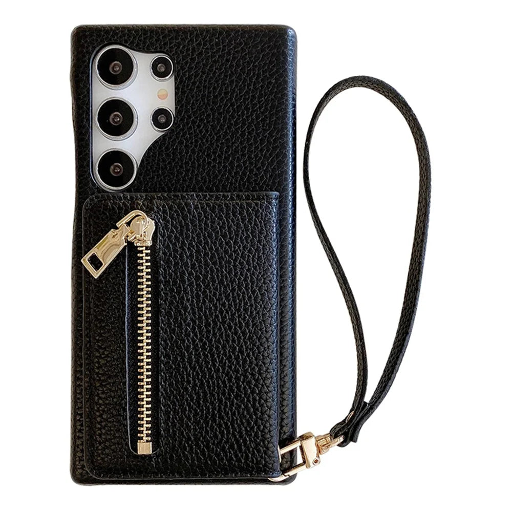 For Samsung Galaxy S23 Ultra Case Card Slots Kickstand PU Leather Back Cover with Zipper Pocket, Wrist Strap - Black - 1