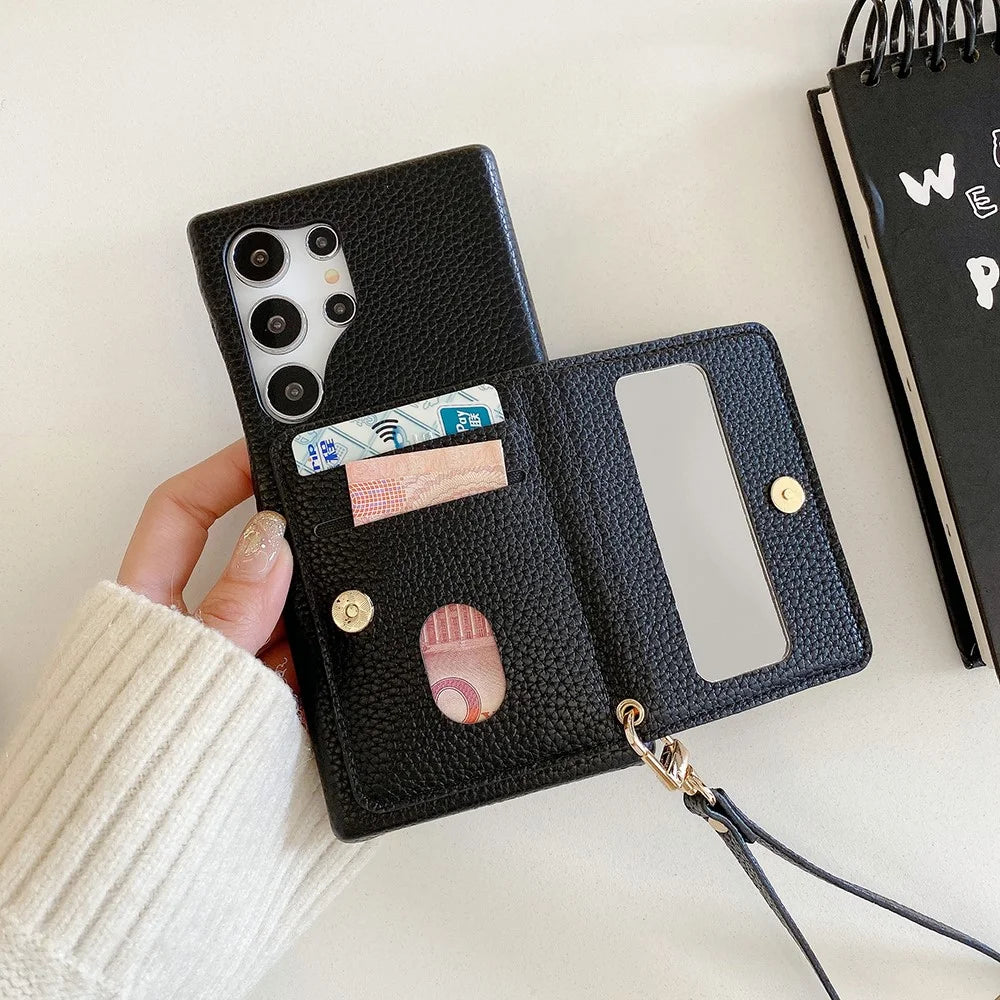 For Samsung Galaxy S23 Ultra Case Card Slots Kickstand PU Leather Back Cover with Zipper Pocket, Wrist Strap - Black - 4