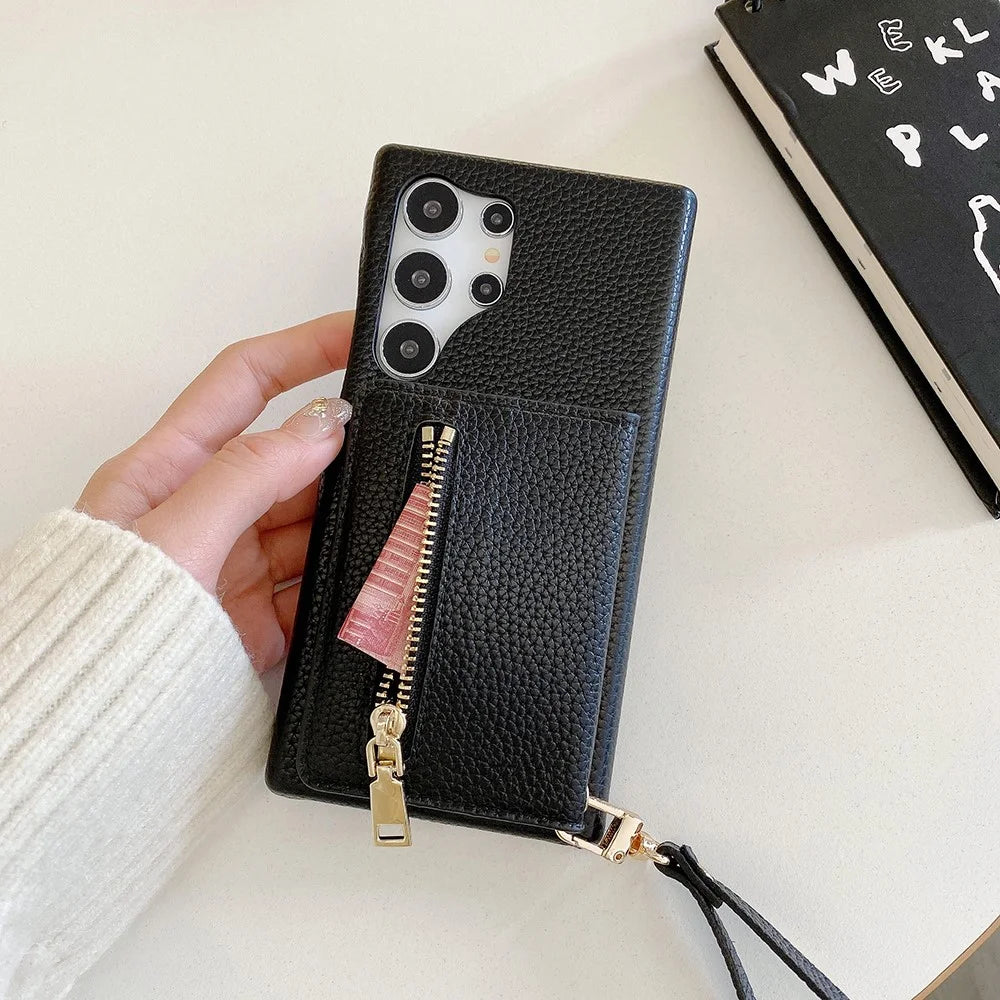 For Samsung Galaxy S23 Ultra Case Card Slots Kickstand PU Leather Back Cover with Zipper Pocket, Wrist Strap - Black - 5