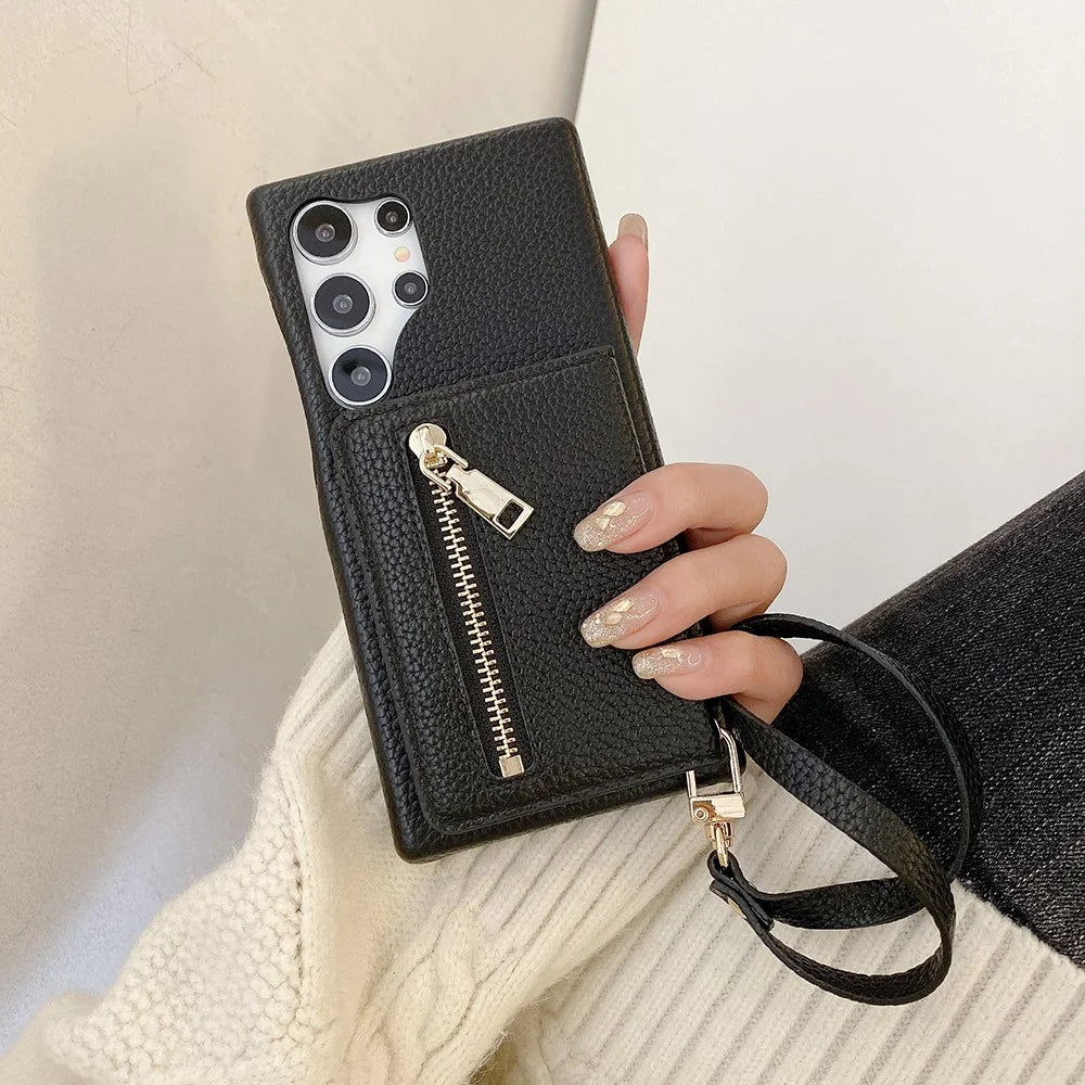For Samsung Galaxy S23 Ultra Case Card Slots Kickstand PU Leather Back Cover with Zipper Pocket, Wrist Strap - Black - 6