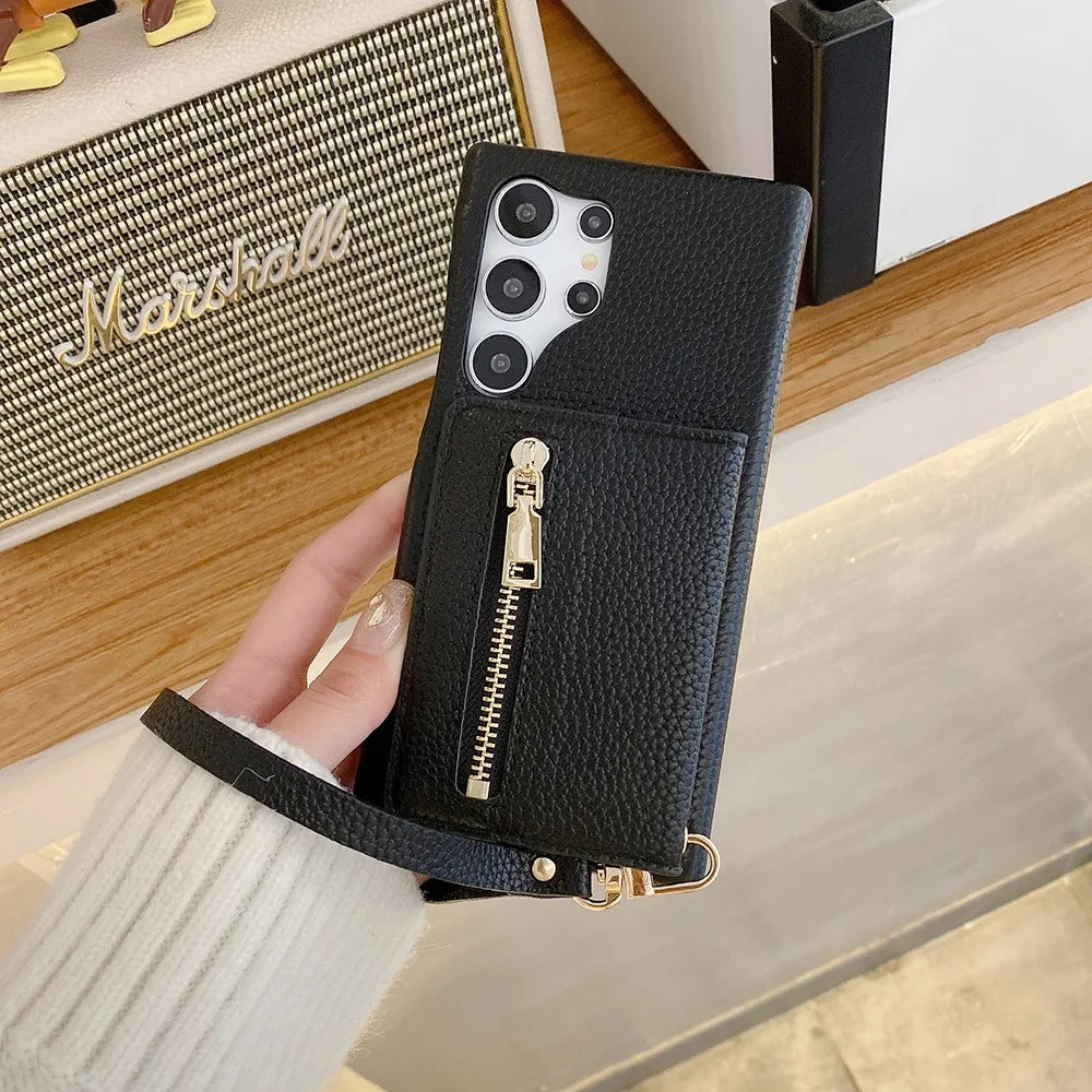 For Samsung Galaxy S23 Ultra Case Card Slots Kickstand PU Leather Back Cover with Zipper Pocket, Wrist Strap - Black - 7