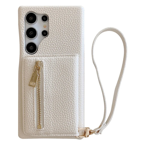 For Samsung Galaxy S24 Ultra Case Card Slots Kickstand PU Leather Back Cover with Zipper Pocket, Wrist Strap - White - 1