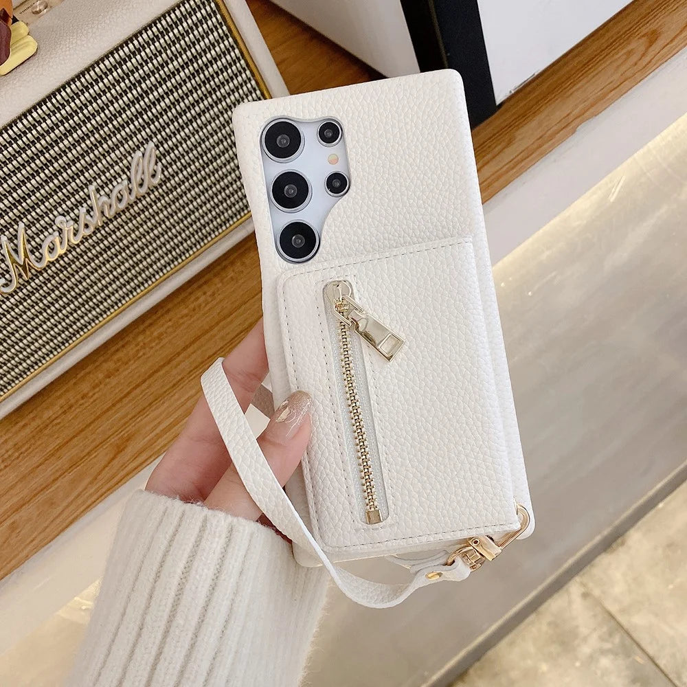 For Samsung Galaxy S24 Ultra Case Card Slots Kickstand PU Leather Back Cover with Zipper Pocket, Wrist Strap - White - 4
