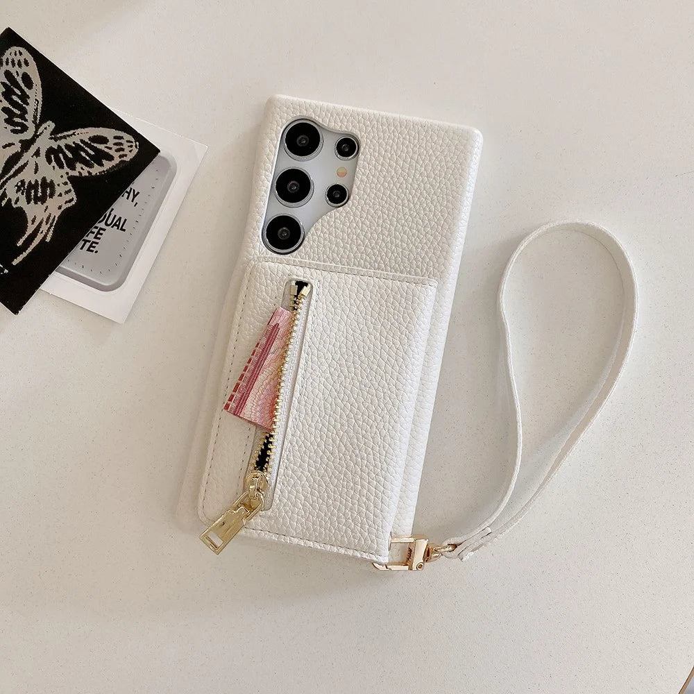 For Samsung Galaxy S24 Ultra Case Card Slots Kickstand PU Leather Back Cover with Zipper Pocket, Wrist Strap - White - 5