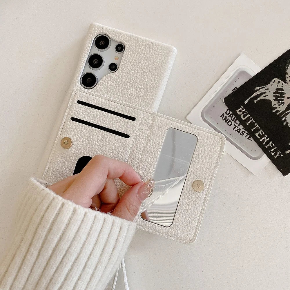 For Samsung Galaxy S24 Ultra Case Card Slots Kickstand PU Leather Back Cover with Zipper Pocket, Wrist Strap - White - 6
