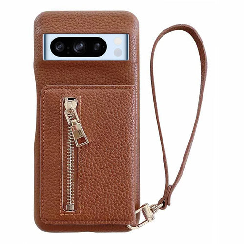 For Google Pixel 8 Pro Case Card Slots Kickstand PU Leather Back Cover with Zipper Pocket, Wrist Strap - Dark Brown - 1