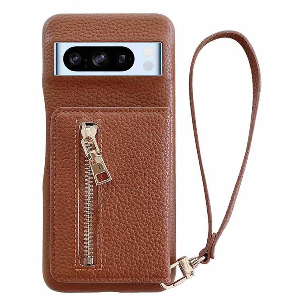 For Google Pixel 8 Pro Case Card Slots Kickstand PU Leather Back Cover with Zipper Pocket, Wrist Strap - Dark Brown - 1