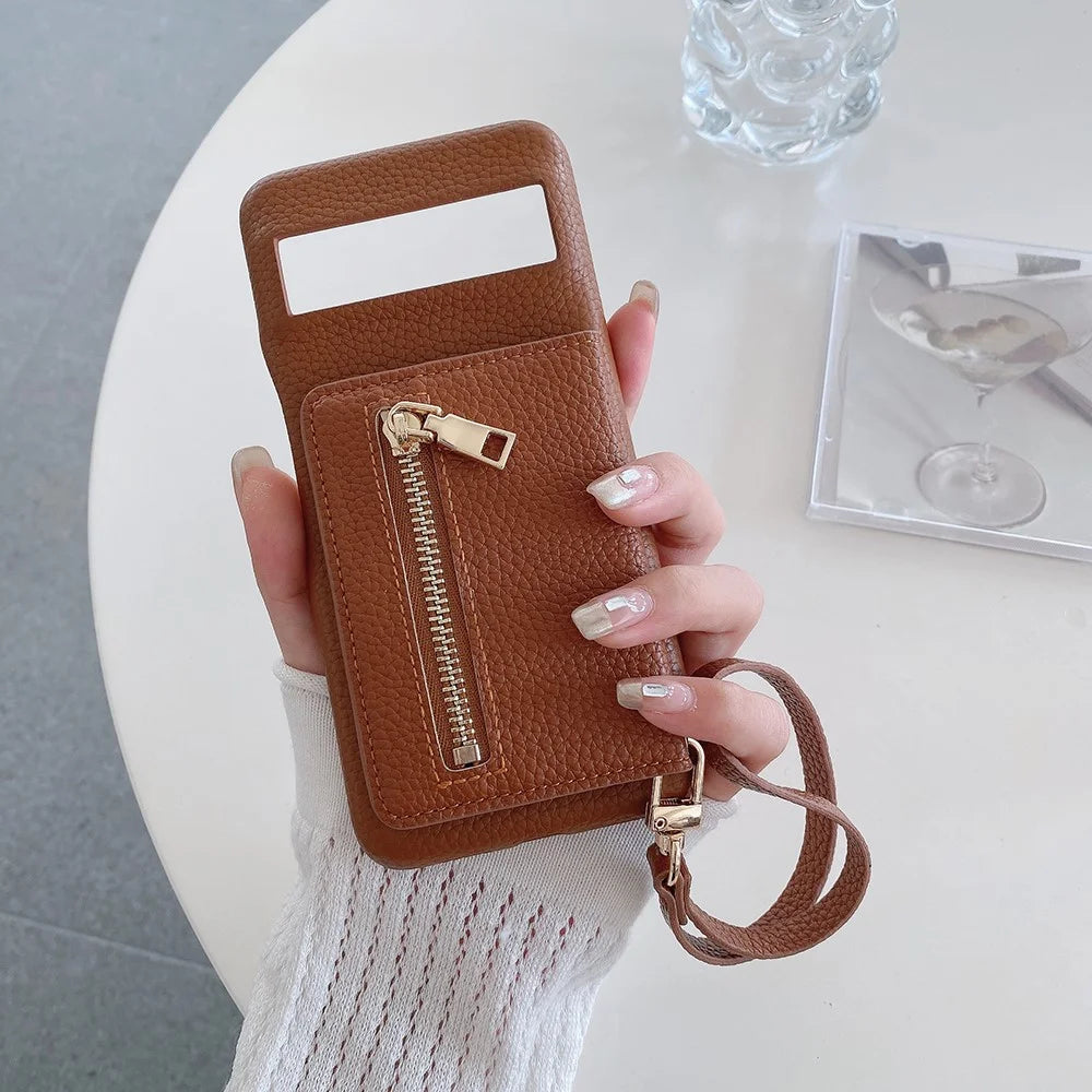 For Google Pixel 8 Pro Case Card Slots Kickstand PU Leather Back Cover with Zipper Pocket, Wrist Strap - Dark Brown - 4