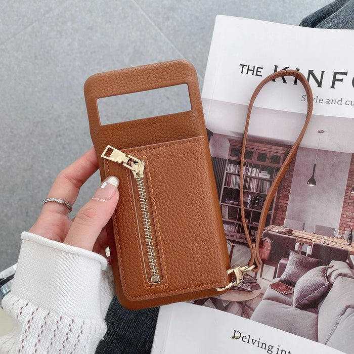 For Google Pixel 8 Pro Case Card Slots Kickstand PU Leather Back Cover with Zipper Pocket, Wrist Strap - Dark Brown - 7