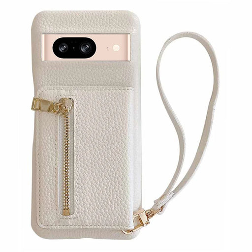 For Google Pixel 8 Case Card Slots Kickstand PU Leather Back Cover with Zipper Pocket, Wrist Strap - White - 1