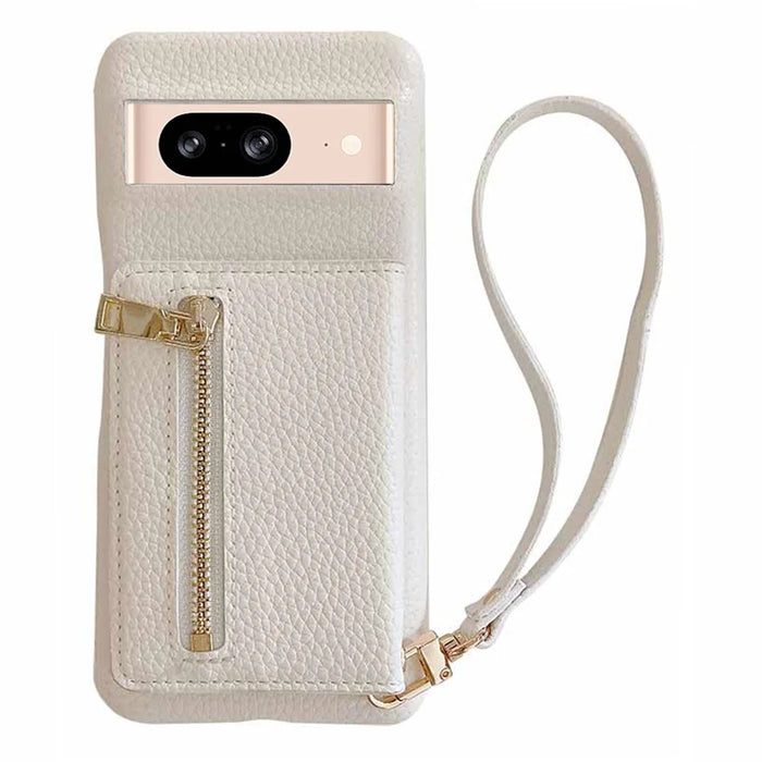 For Google Pixel 8 Case Card Slots Kickstand PU Leather Back Cover with Zipper Pocket, Wrist Strap - White - 1