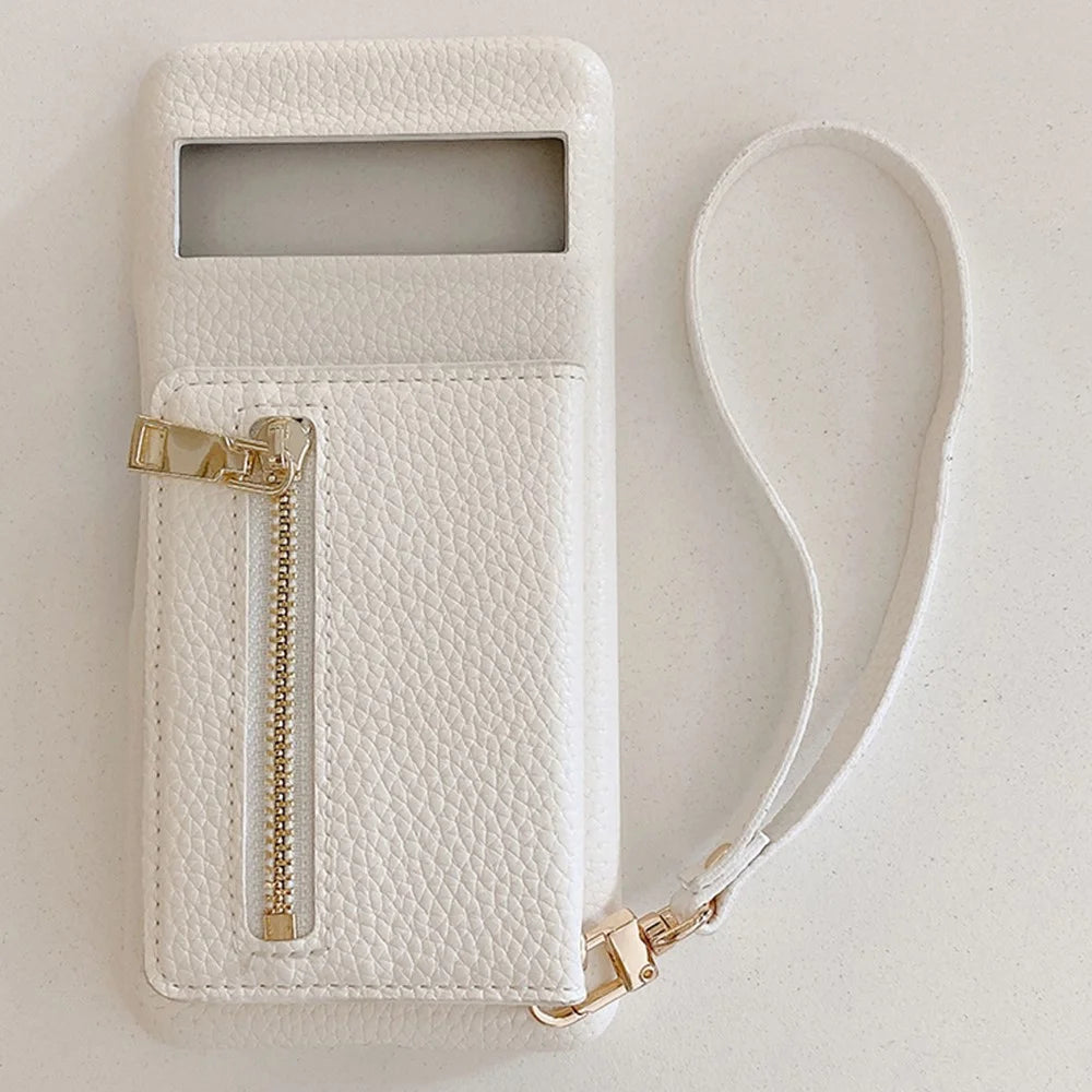 For Google Pixel 8 Case Card Slots Kickstand PU Leather Back Cover with Zipper Pocket, Wrist Strap - White - 2