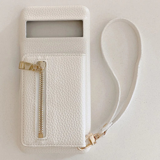 For Google Pixel 8 Case Card Slots Kickstand PU Leather Back Cover with Zipper Pocket, Wrist Strap - White - 2
