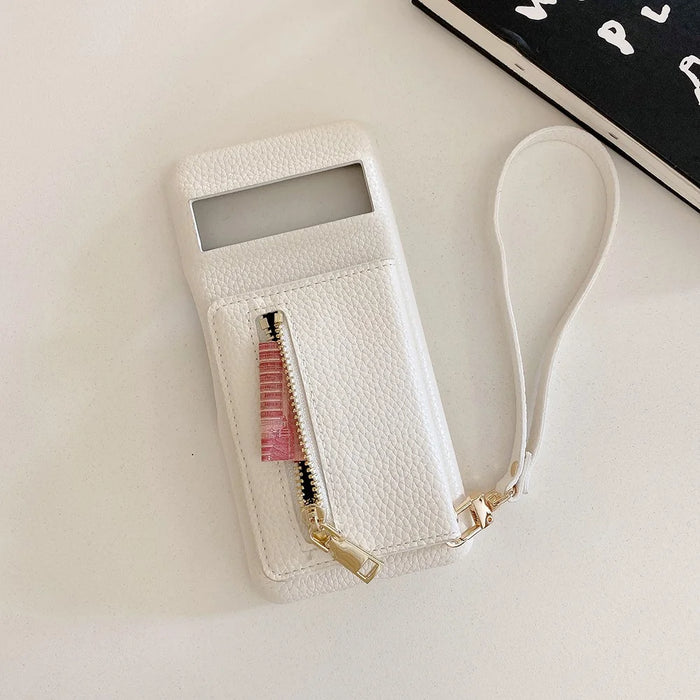 For Google Pixel 8 Case Card Slots Kickstand PU Leather Back Cover with Zipper Pocket, Wrist Strap - White - 4