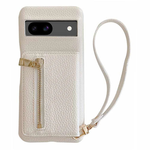 For Google Pixel 8a Case Card Slots Kickstand PU Leather Back Cover with Zipper Pocket, Wrist Strap - White - 1