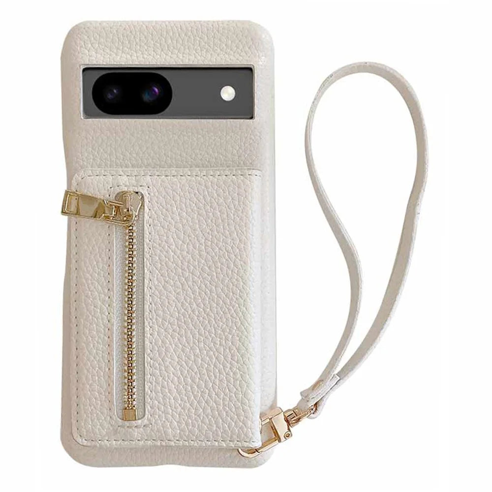 For Google Pixel 8a Case Card Slots Kickstand PU Leather Back Cover with Zipper Pocket, Wrist Strap - White - 1