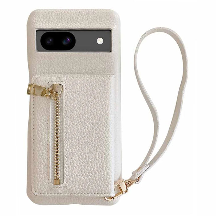 For Google Pixel 8a Case Card Slots Kickstand PU Leather Back Cover with Zipper Pocket, Wrist Strap - White - 1