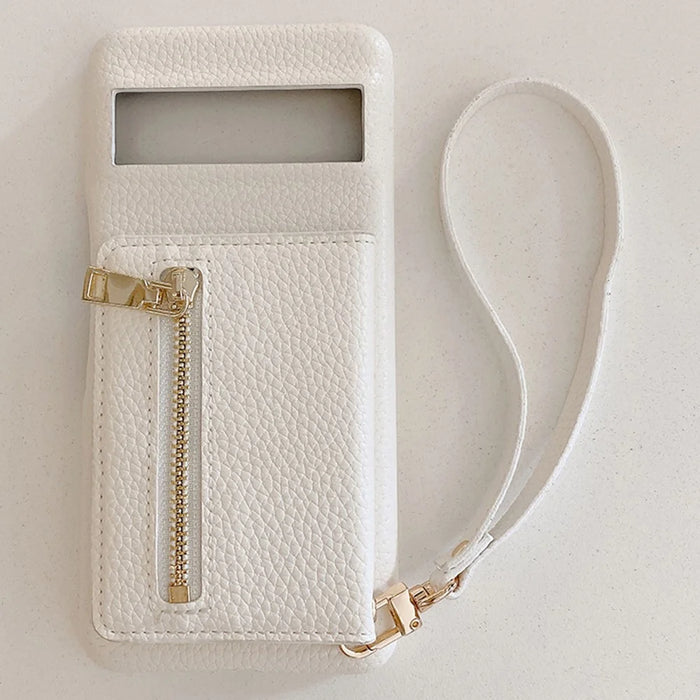 For Google Pixel 8a Case Card Slots Kickstand PU Leather Back Cover with Zipper Pocket, Wrist Strap - White - 2
