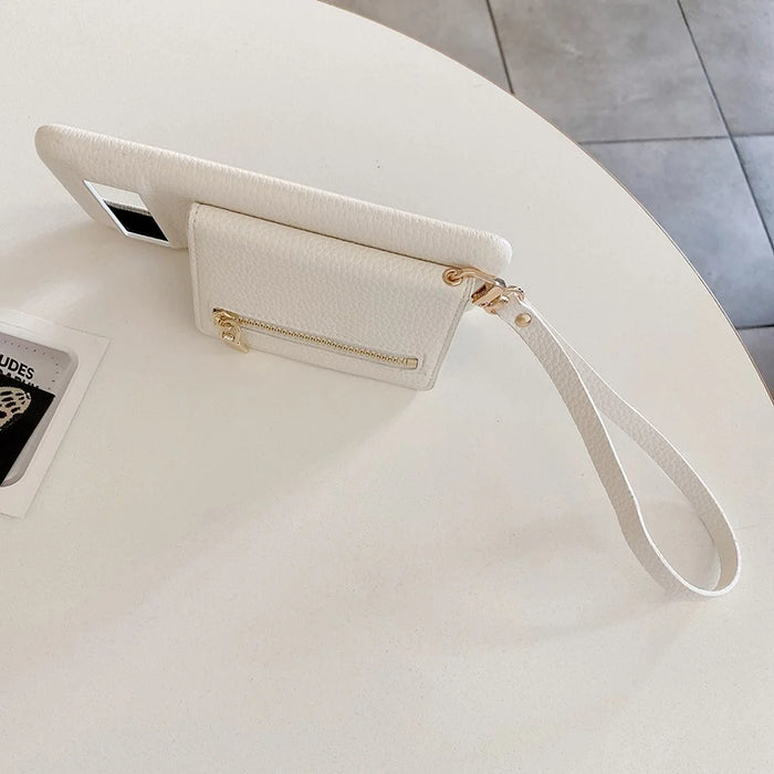 For Google Pixel 8a Case Card Slots Kickstand PU Leather Back Cover with Zipper Pocket, Wrist Strap - White - 7