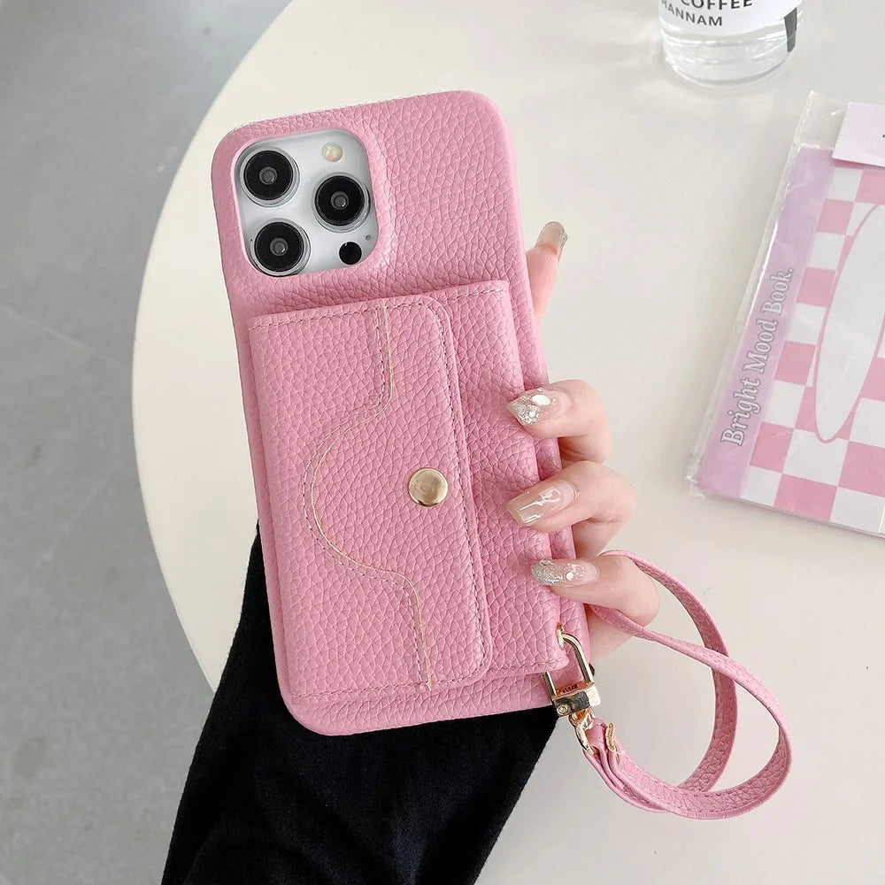 For iPhone 15 Pro Max Case Mirror Design PU Leather Back Cover with Card Slots, Wrist Strap - Pink - 1