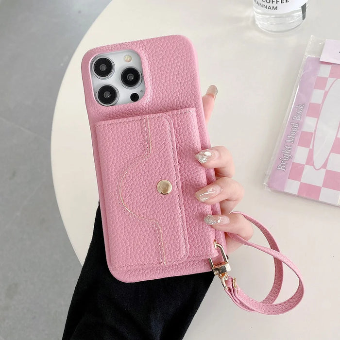 For iPhone 15 Pro Max Case Mirror Design PU Leather Back Cover with Card Slots, Wrist Strap - Pink - 1