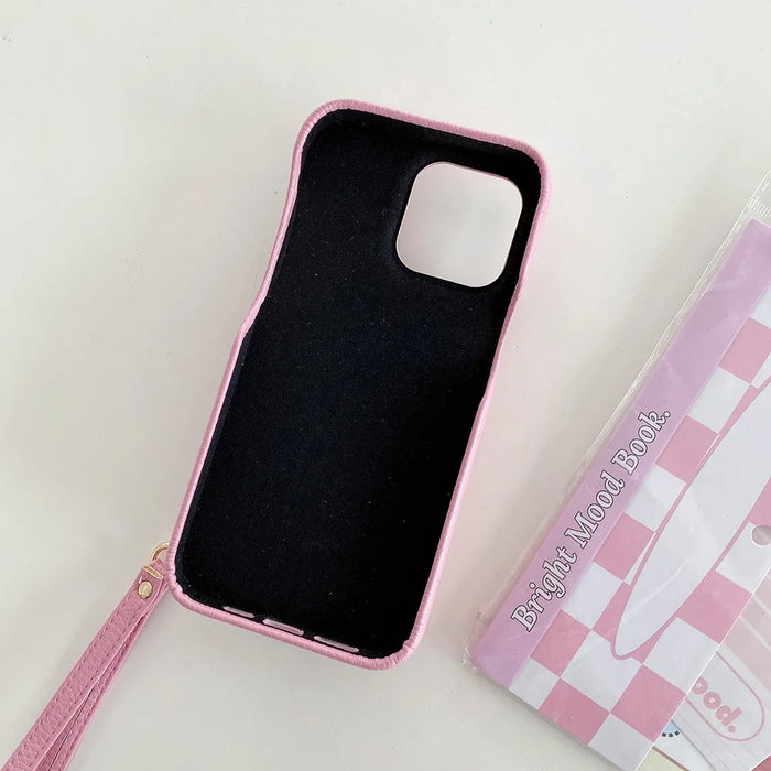 For iPhone 15 Pro Max Case Mirror Design PU Leather Back Cover with Card Slots, Wrist Strap - Pink - 3