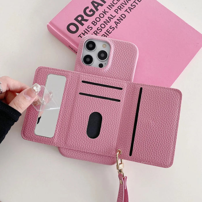 For iPhone 15 Pro Max Case Mirror Design PU Leather Back Cover with Card Slots, Wrist Strap - Pink - 4