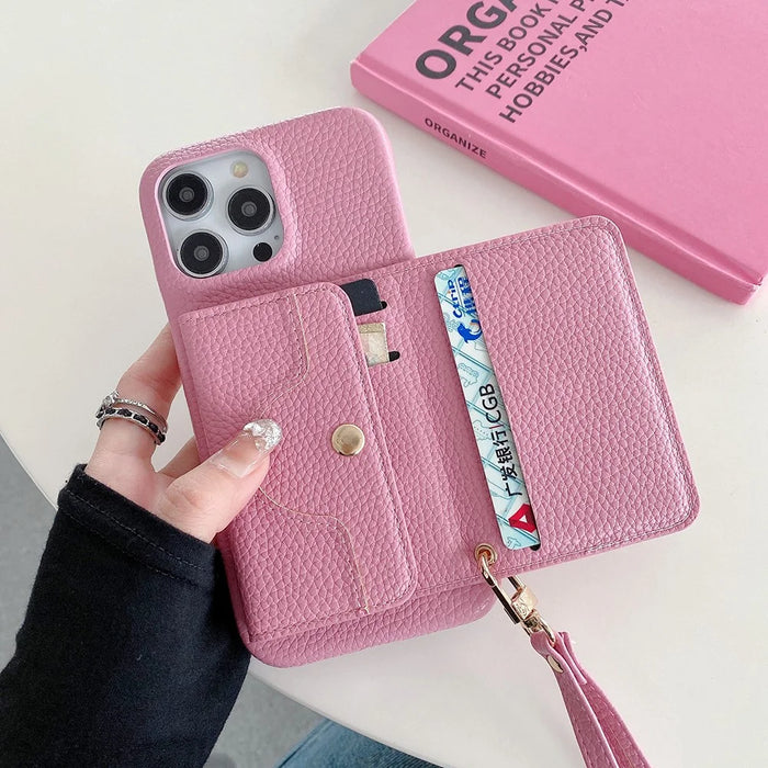 For iPhone 15 Pro Max Case Mirror Design PU Leather Back Cover with Card Slots, Wrist Strap - Pink - 5