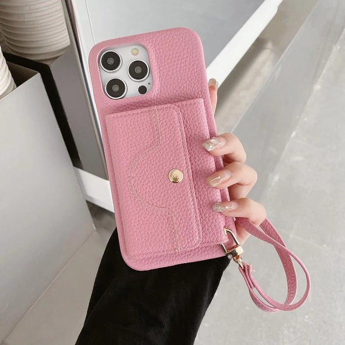 For iPhone 15 Pro Max Case Mirror Design PU Leather Back Cover with Card Slots, Wrist Strap - Pink - 7