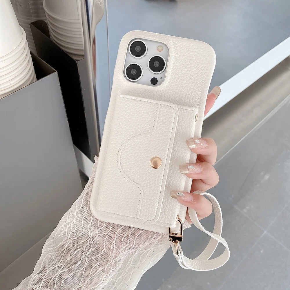 For iPhone 15 Pro Case Mirror Design PU Leather Back Cover with Card Slots, Wrist Strap - White - 1