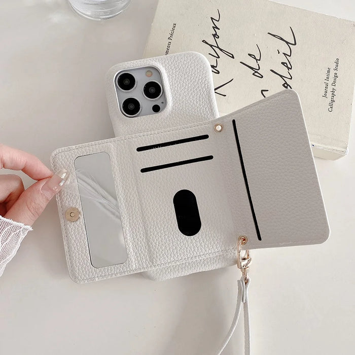For iPhone 15 Pro Case Mirror Design PU Leather Back Cover with Card Slots, Wrist Strap - White - 5