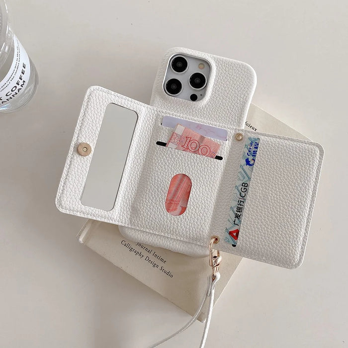 For iPhone 15 Pro Case Mirror Design PU Leather Back Cover with Card Slots, Wrist Strap - White - 6
