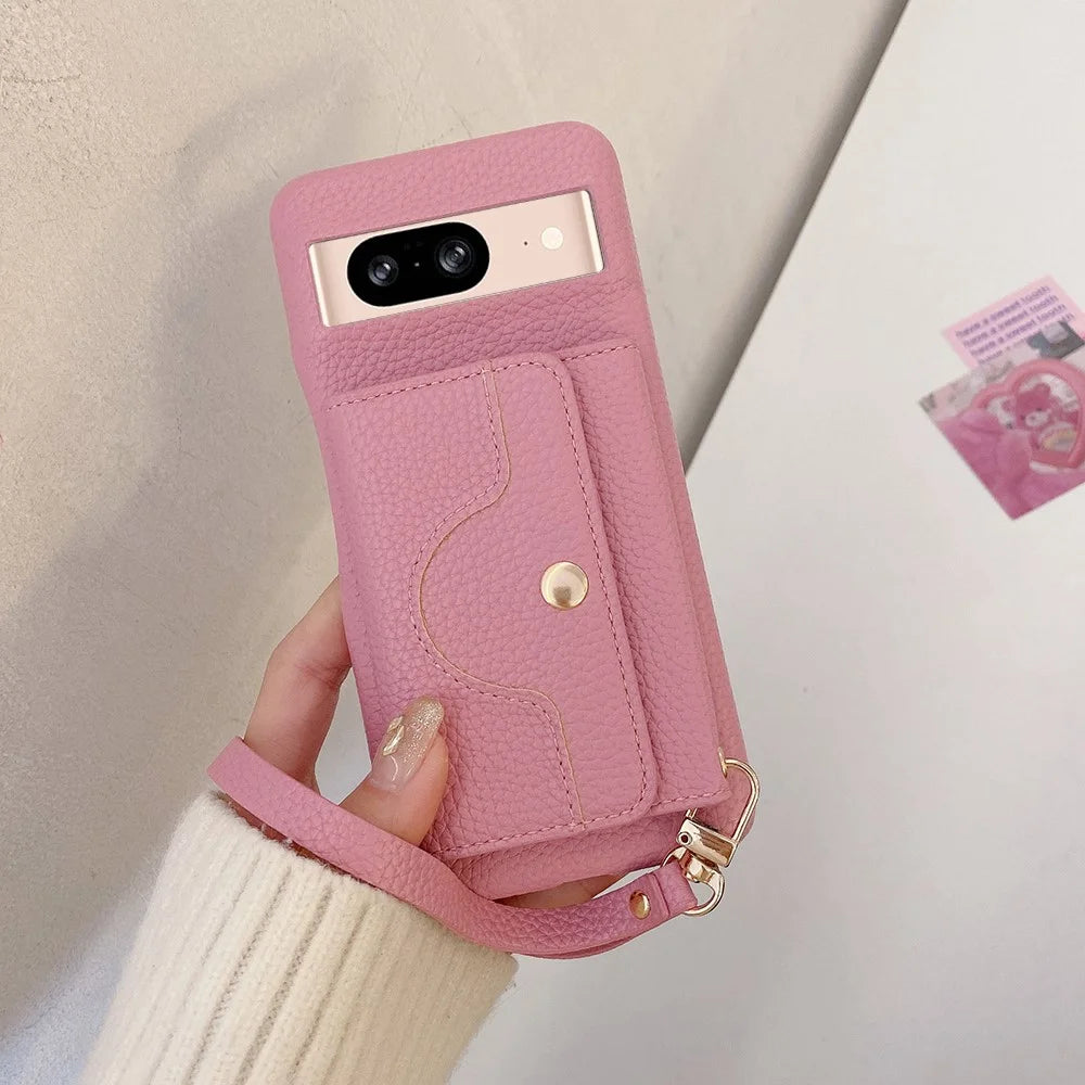 For Google Pixel 8 Case Mirror Design PU Leather Back Cover with Card Slots, Wrist Strap - Pink - 1