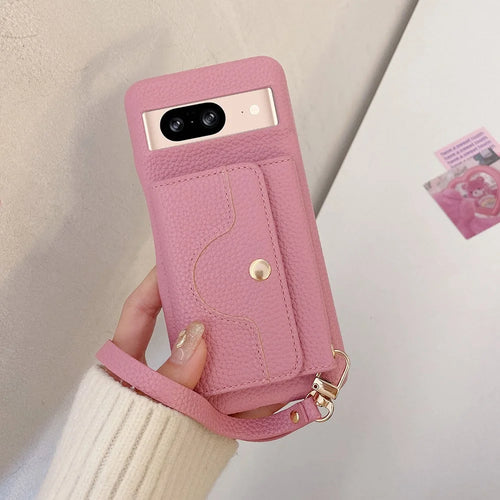 For Google Pixel 8 Case Mirror Design PU Leather Back Cover with Card Slots, Wrist Strap - Pink - 1