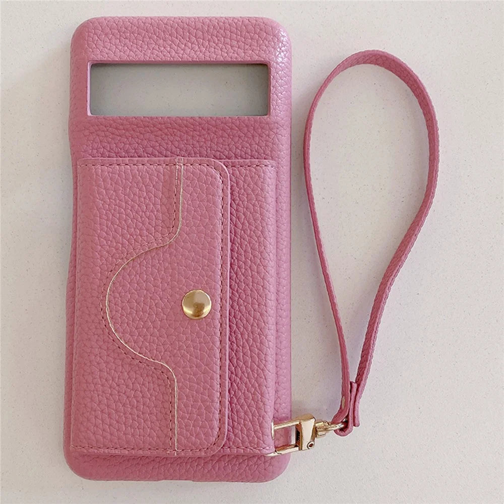 For Google Pixel 8 Case Mirror Design PU Leather Back Cover with Card Slots, Wrist Strap - Pink - 2