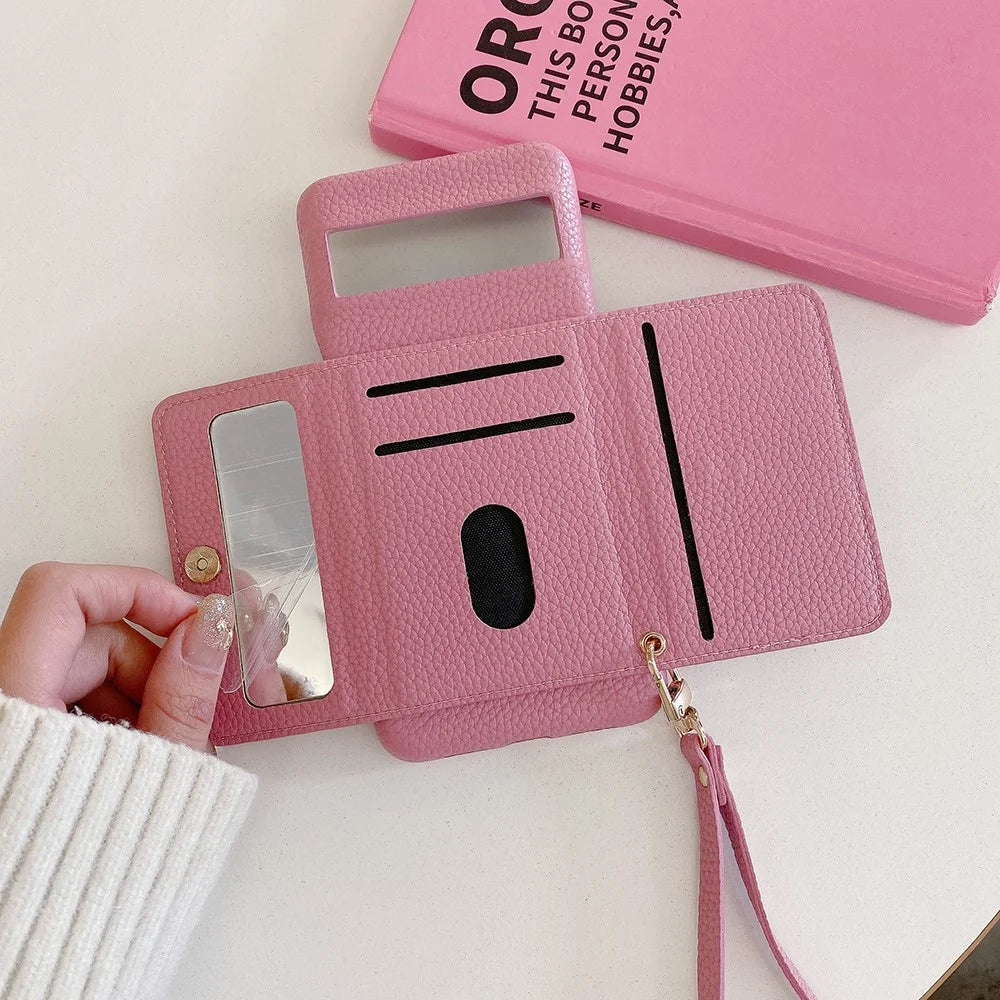 For Google Pixel 8 Case Mirror Design PU Leather Back Cover with Card Slots, Wrist Strap - Pink - 4