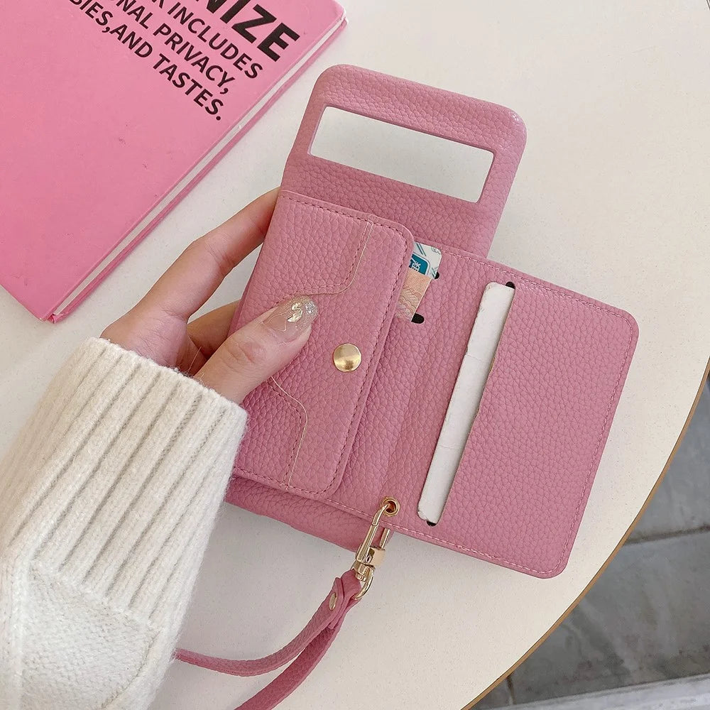 For Google Pixel 8 Case Mirror Design PU Leather Back Cover with Card Slots, Wrist Strap - Pink - 5